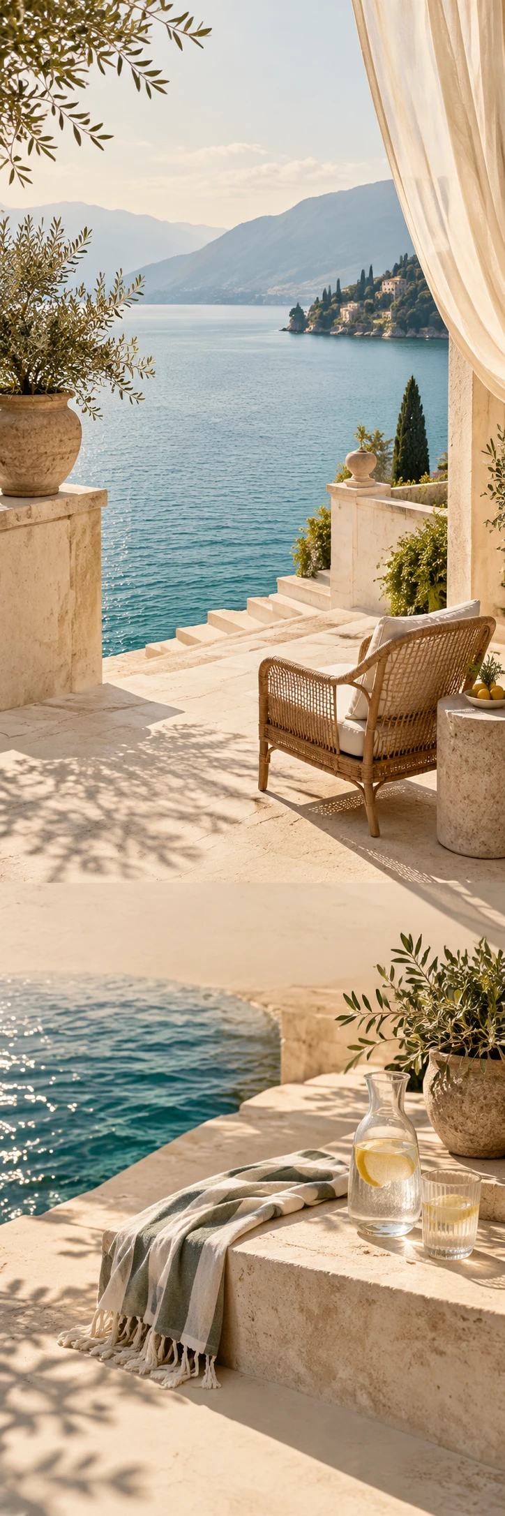 Italian lakeside boutique hotel: an open terrace with pale linen curtains moving in the breeze, ivory travertine stairs descending to teal water, morning sunlight, one cane chair. Lower scene a striped towel and water carafe in the same terrace. Dreamy sophisticated travel editorial, warm ivory plaster quiet areas.