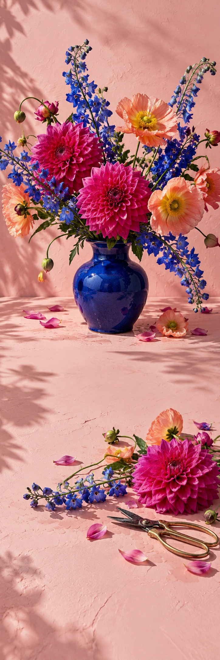 Playful luxurious floristry still life: a wild sculptural bouquet of fuchsia dahlias, peach poppies and curving cobalt delphinium in a cobalt vase, pink plaster surface and hot sun, fresh wet petals, bold unusual arrangement. Secondary lower scene loose stems and garden scissors on the same pink surface, curved petal shadow near edges. All quiet zones pale blush.