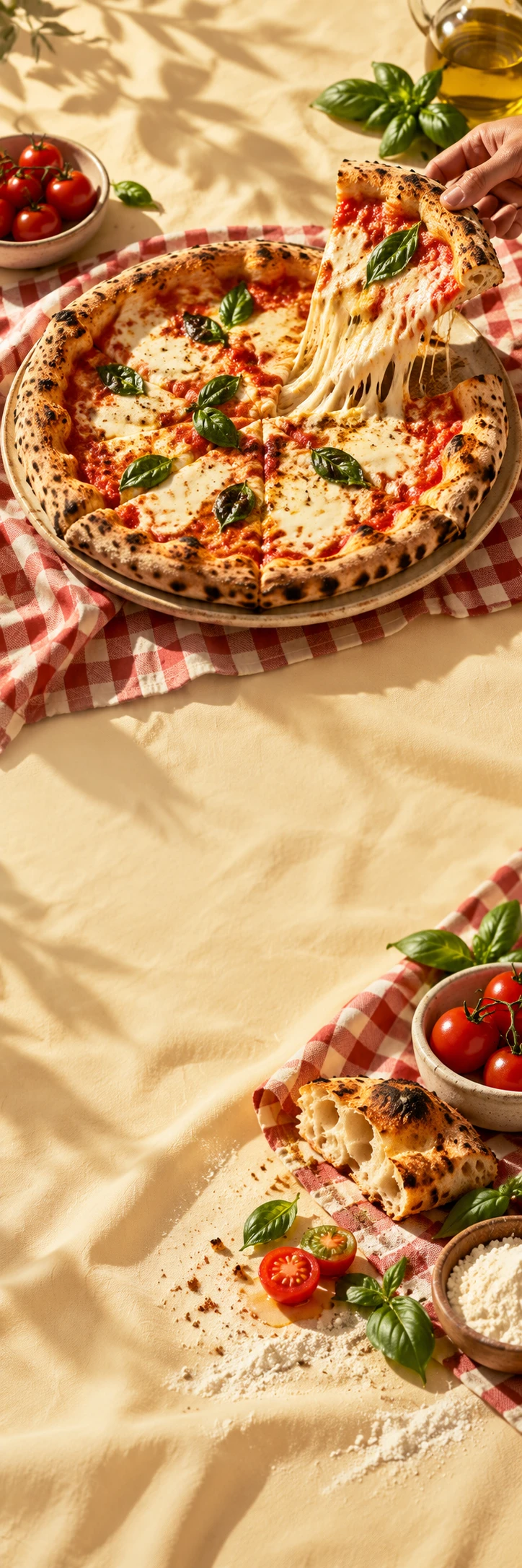 Overhead playful Italian restaurant table: large blistered margherita pizza on a red and cream gingham tablecloth, one hand lifting slice with beautiful cheese stretch, fresh basil, hard sunny light. Lower intimate scene torn crust, tomatoes and flour rolling into same cloth folds. Quiet areas warm buttery cream tablecloth without busy pattern, appetising authentic food campaign.