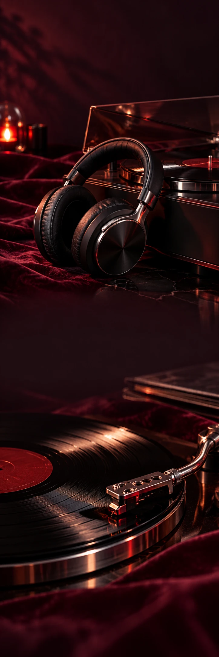 Cinematic late-night audio campaign: black over-ear headphones resting against a smoked glass record player, sculptural moonlit silver highlights, deep burgundy velvet, red soft glow reflected in chrome, evocative and tactile. Lower scene close-up vinyl grooves and a chrome tonearm. Quiet zones near black oxblood, luxury music editorial.