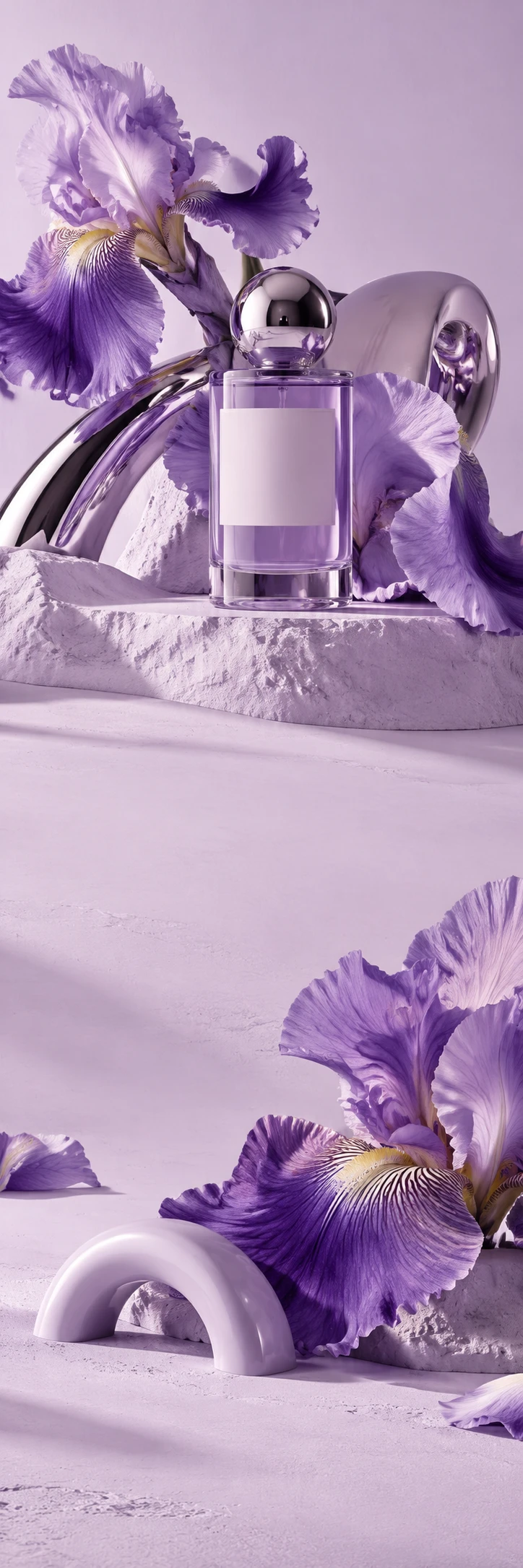 Avant-garde lilac perfume world: cylindrical lilac glass bottle with chrome spherical cap stands among oversized purple iris petals curling like sculpture, reflective chrome tube, very pale lilac plaster ground. Lower scene one huge iris flower and a tiny lilac ceramic arc. Continuous palest lavender ground, sharp elegant mauve shadows, strange beautiful sculpture, blank label, no letters.