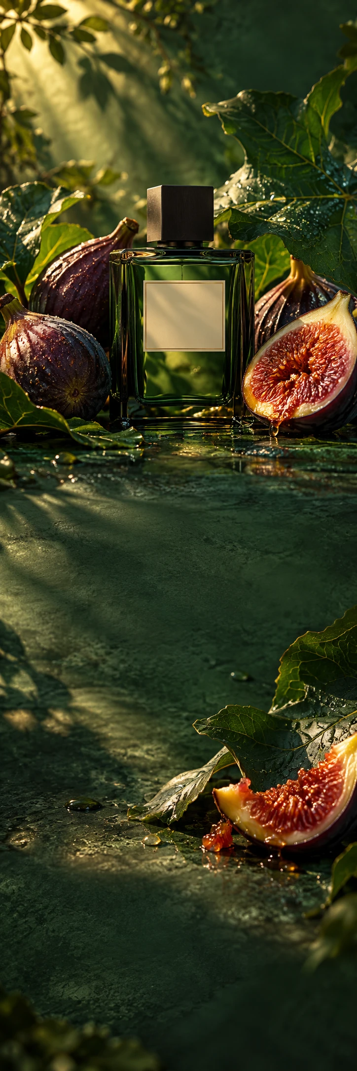 Moody botanical perfume: dark green rectangular glass bottle with dark square cap nested among enormous fig leaves and ripe cut purple figs, glossy dew, narrow shafts of golden sun. Whole canvas a continuous deep forest-green garden tabletop, velvet shadows. Lower scene torn fig flesh and curling leaf edge framing quiet green ground. Rich sensory botanical still life, blank label.