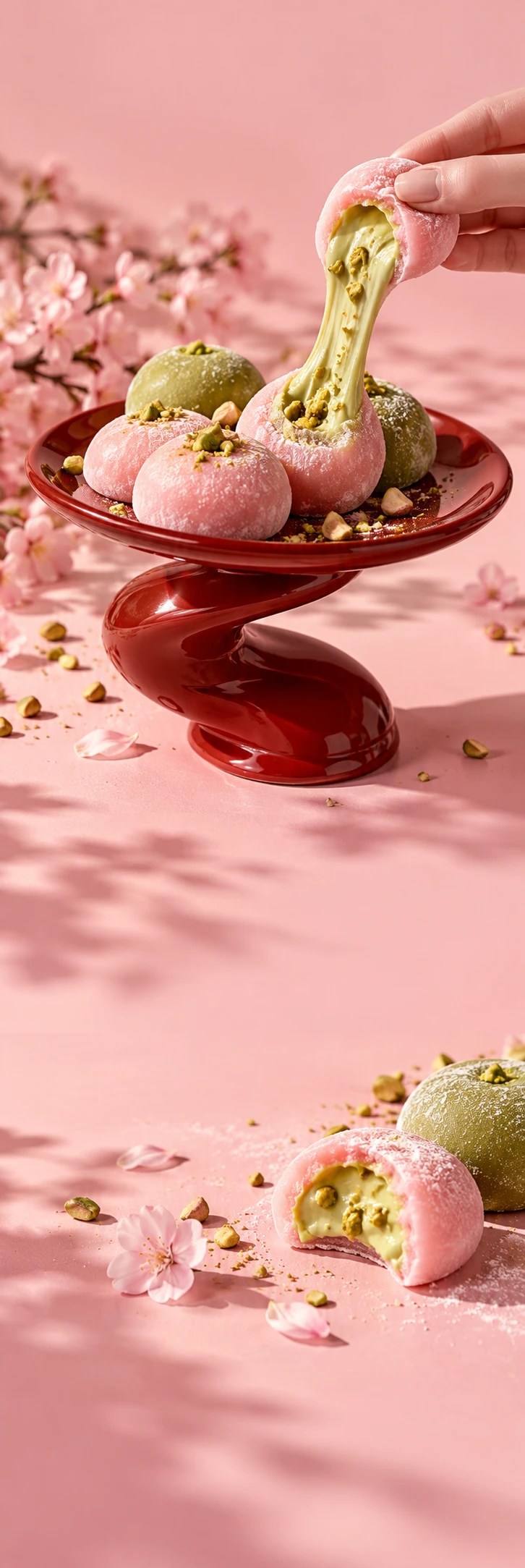 Very playful premium mochi food photography: pink and pistachio green mochi on a glossy sculptural red spiral dish, one adult hand stretches a mochi to reveal creamy green filling. Pale bubblegum pink tabletop, real chewy texture, sunny shadows. Lower scene bitten pink mochi and cherry blossom petal on same uninterrupted pink table. Quiet pale pink copy areas, sophisticated delicious Japanese pop editorial.