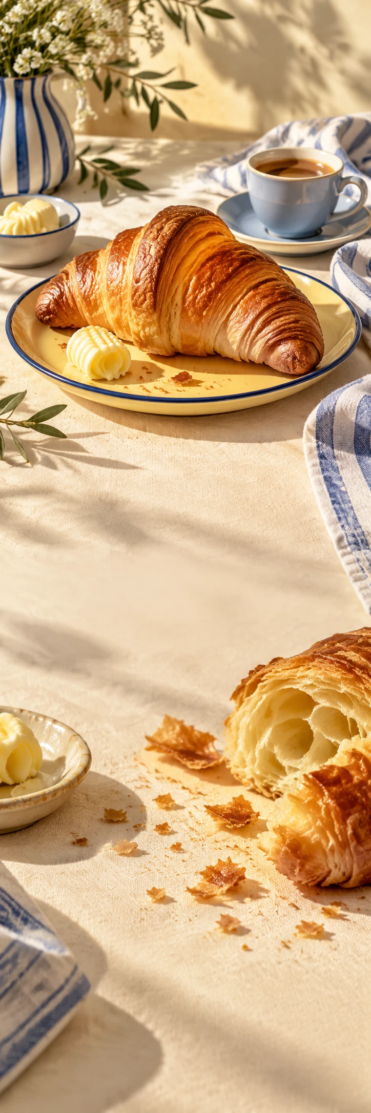 Lazy French breakfast editorial: oversized golden flaky croissant on a butter yellow ceramic plate with cobalt rim, butter curl, espresso in a pale blue cup, cream and blue softly striped linen, hard morning sun. Lower scene close-up torn pastry layers, butter and scattered crumbs on same continuous ivory tablecloth. Quiet warm ivory surfaces. Deeply tactile food photography, cosy high-end bakery campaign.