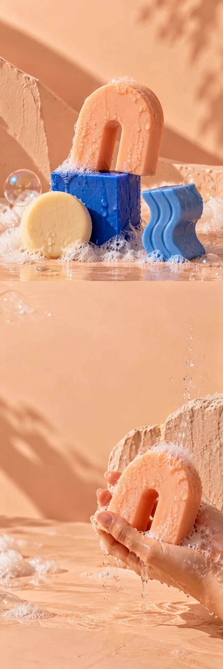 Playful sculptural soap art: large matte peach arched soap leaning on an electric blue cube, buttery round soap, a blue wavy soap piece, glossy real bubbles and foam. Continuous pale peach plaster surface with curving shadows. Lower scene an adult hand holding the peach arch under tiny water droplets. Tactile premium bodycare photography, quiet peach zones, no labels.