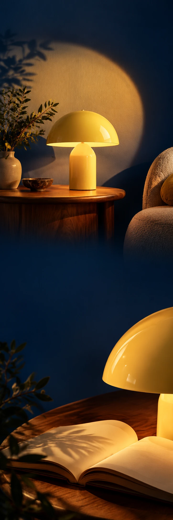 Sculptural light design campaign: buttery yellow mushroom table lamp on a warm wooden side table against a deep cobalt wall, beautiful gigantic soft warm circular pool of light on wall, strong shadow. Lower scene a macro view of the curved yellow shade and gentle light on open blank book. Continuous rich deep navy wall and dark shadow quiet zones, golden evening atmosphere, cinematic design photograph, no words.