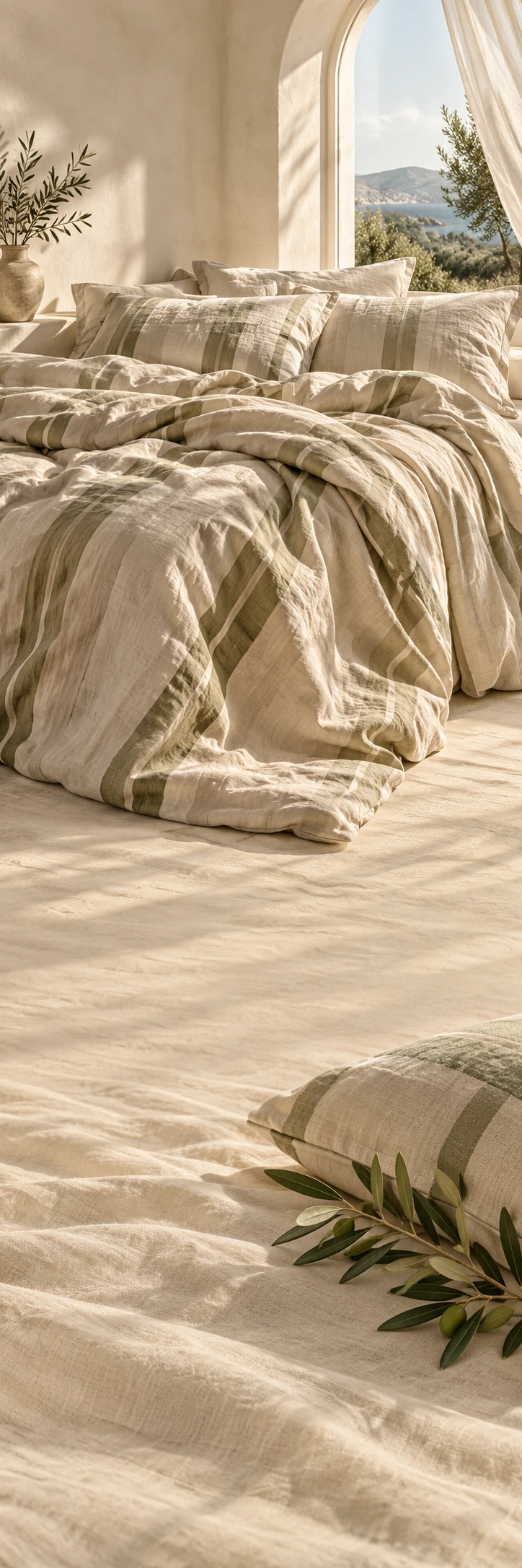 Dreamy tactile bedding editorial: huge folds of pale oat and olive striped linen duvet in a sunlit bed, open pale plaster window, morning breeze, sensual wrinkled natural fabric. Lower secondary close detail folded pillow and a single olive branch. Entire continuous ivory linen environment, calm quiet negative zones, high-end home photography, no people.