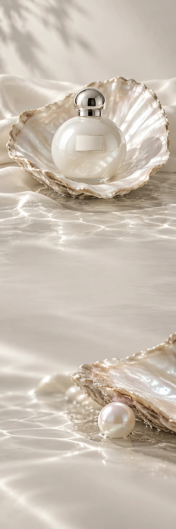 Sculptural pearl fragrance still life: opalescent ivory sphere perfume bottle with a smooth silver cap and tiny blank label resting in a giant mother of pearl shell, soft silver reflections, milk-white silk and clear shallow water. Lower macro shell edge and a single white pearl on pale warm grey ground. Continuous ethereal grey ivory calm copy zones, sophisticated tactile luxury.