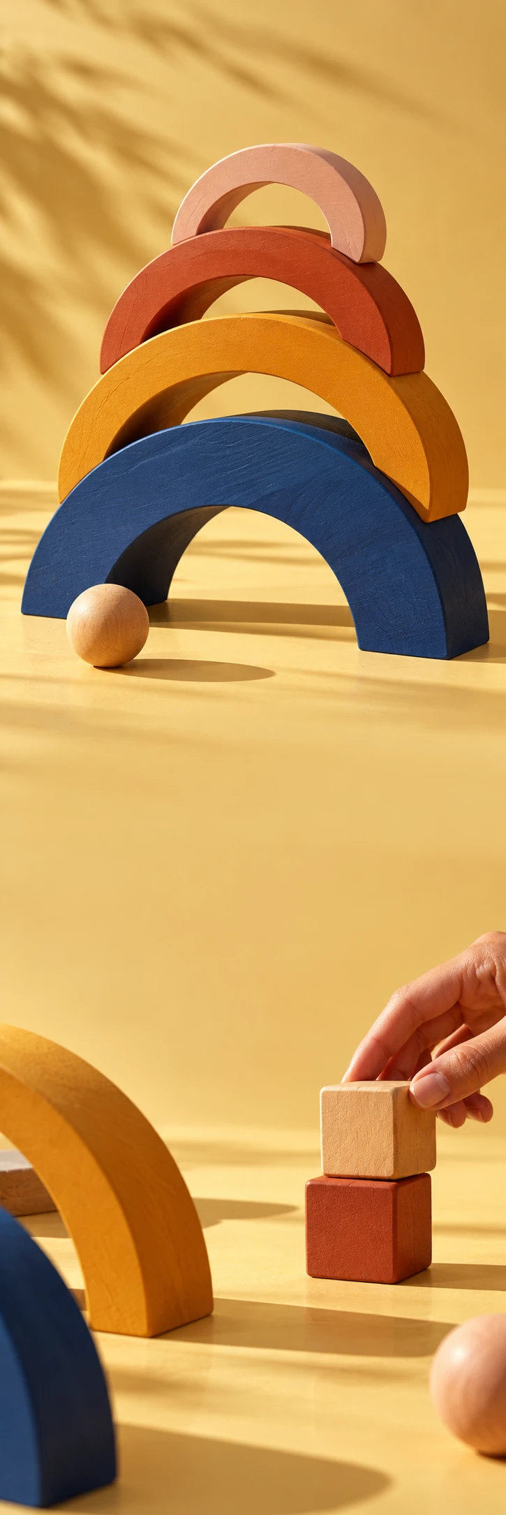 Sophisticated joyful wooden toy editorial: oversized sculptural stack of colourful wooden arches in cobalt, ochre, rust and pale pink, a small wooden ball rolling across a warm butter-yellow floor, long sharp sunny shadows; lower scene adult hand balancing two smooth wooden blocks, no children. Continuous soft butter ground, tactile real wood grain and matte painted colour, playful calm copy areas.