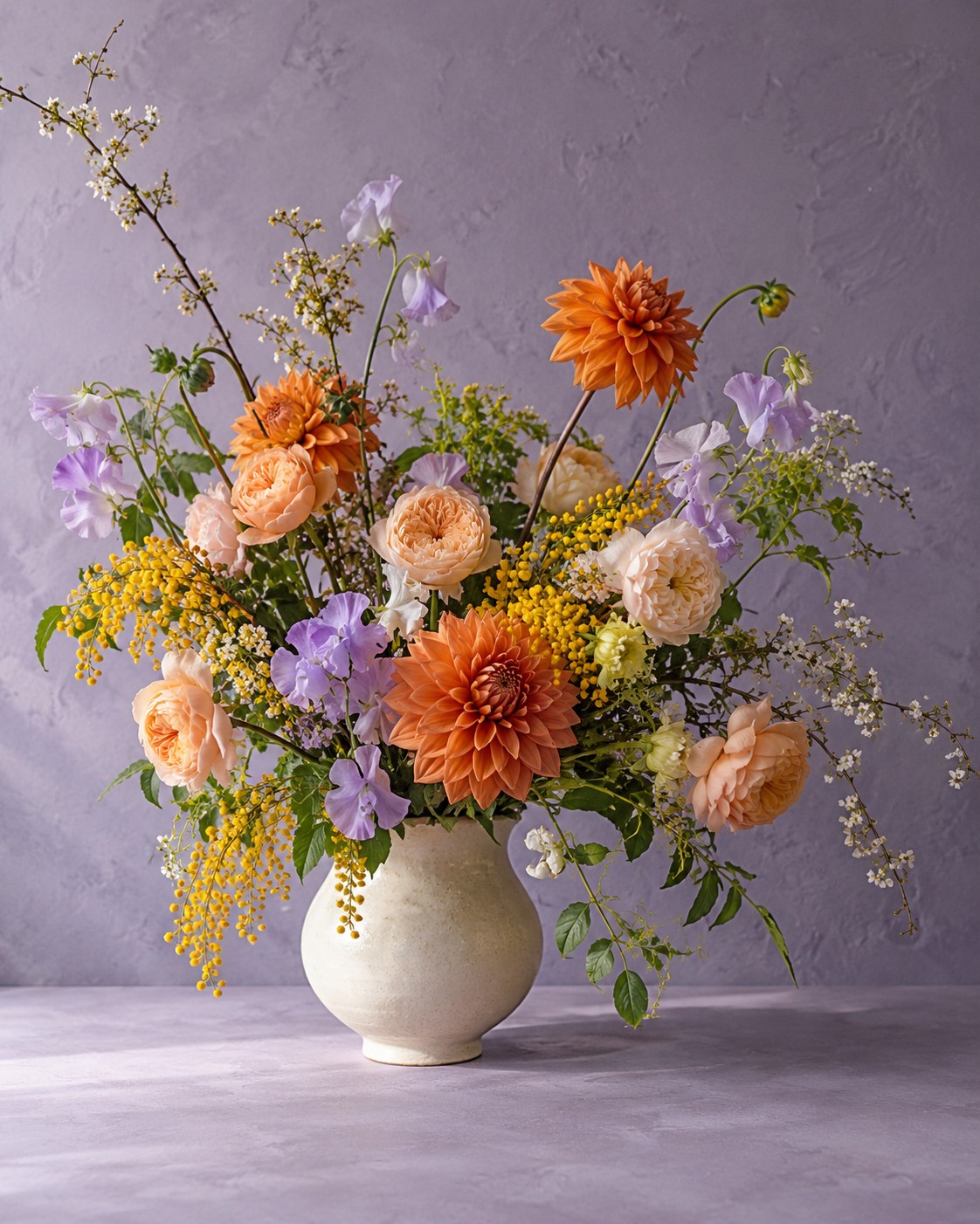 Luchtig boeket met abrikooskleurige rozen en lila bloemen