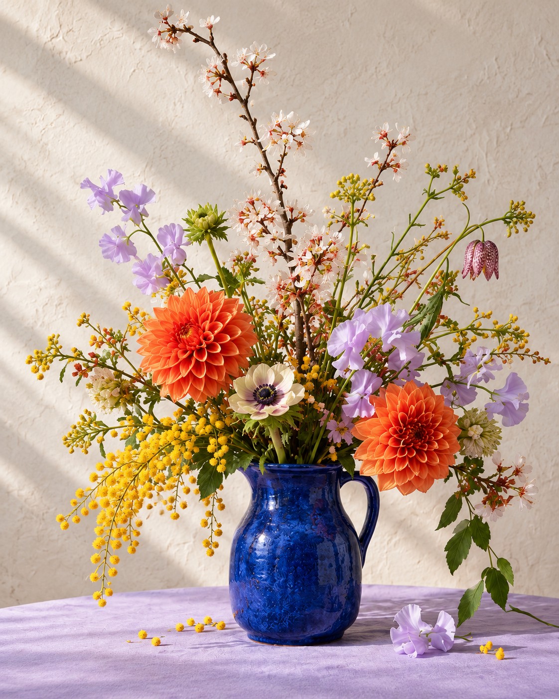 Een kleurrijk boeket met oranje dahlia’s en gele accenten