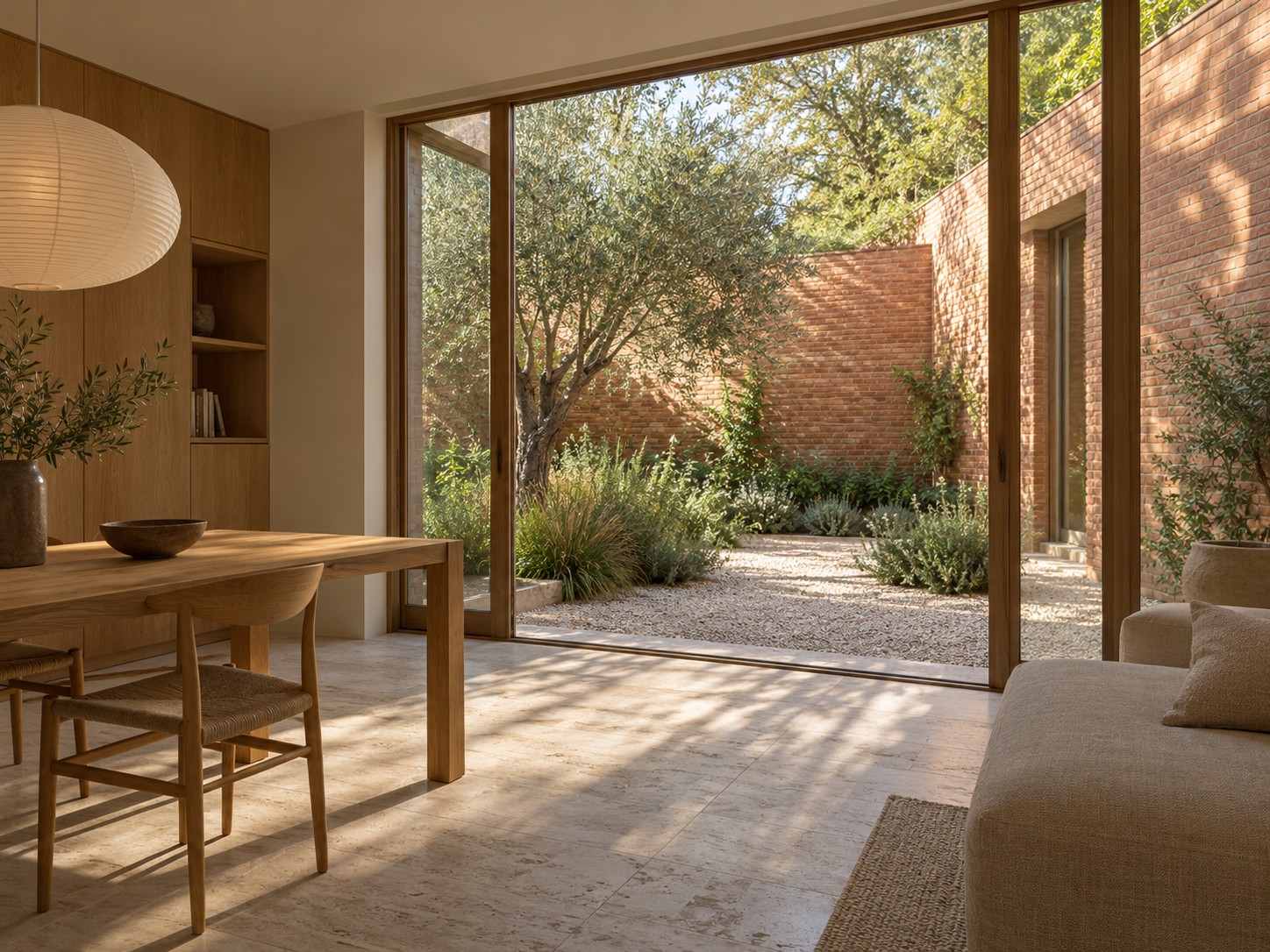 Woonkamer met een houten tafel en uitzicht op de tuin